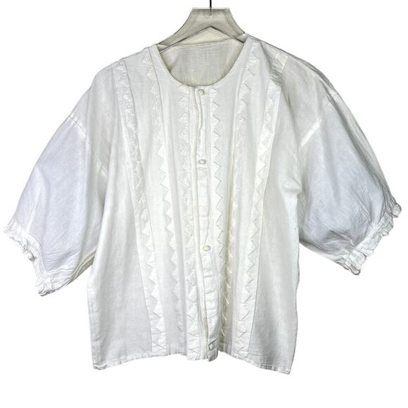 Vintage Puff Sleeve Button Front Top Cardigan Off White Short Sleeve Pintuck - Picture 1 of 8